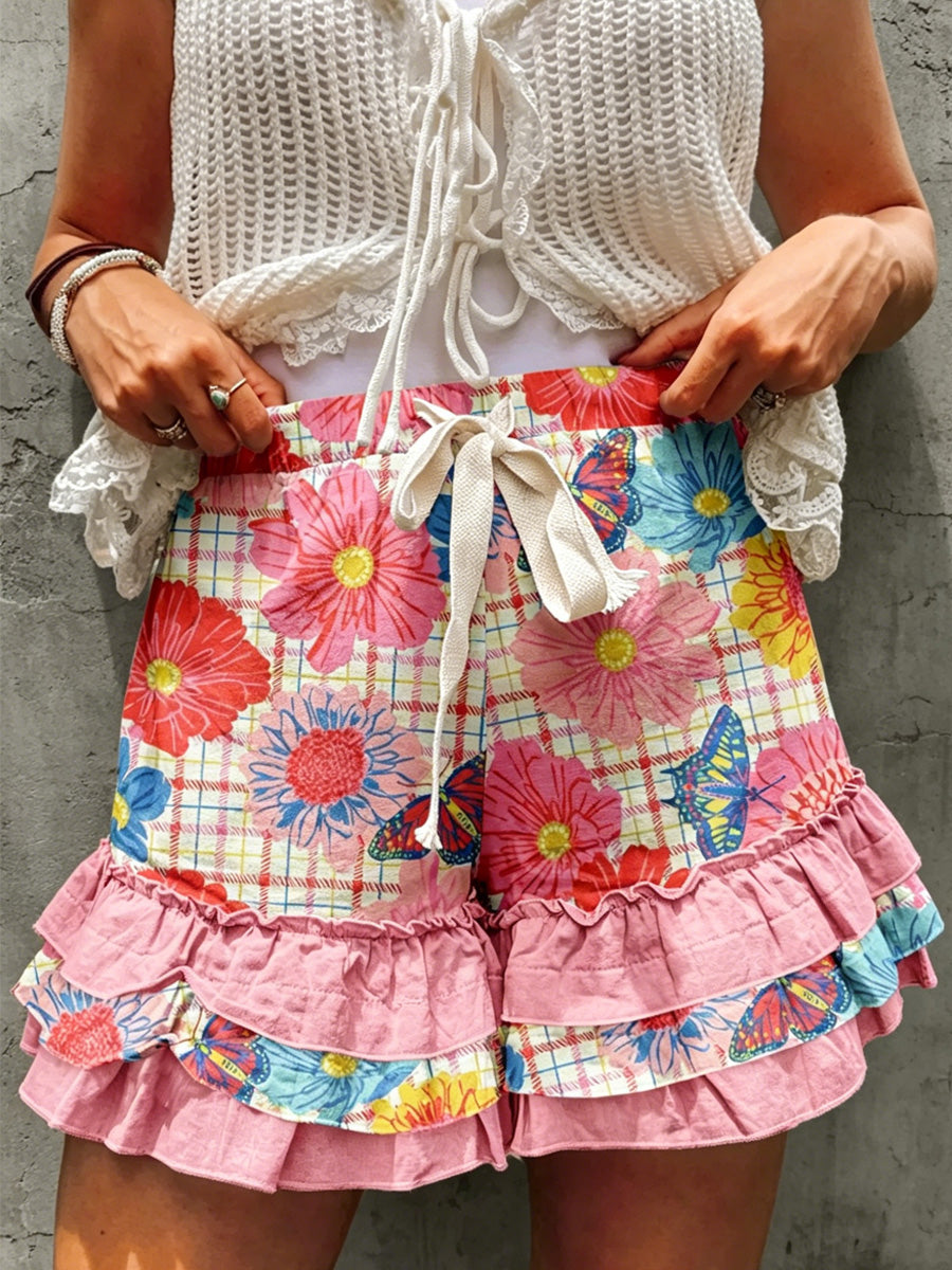 Women's Retro Floral Color-Blocked Art Print Casual Multi-Layer Ruffle Shorts